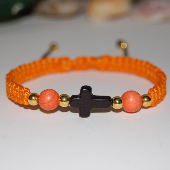 Cross Bracelet,Gemstone Beads,Braided Bracelet,Orange Bracelet - Picture 1 of 3